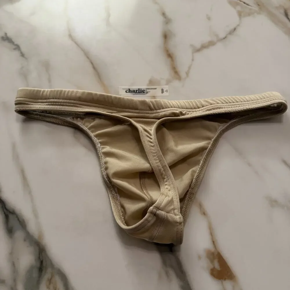 Charlie By MZ Mens Classic Body Swim Thong Color White Gold Size Large